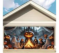 2D door banner Halloween ghost garage banner with pumpkin, skeleton and black cat design, haunted house theme 440x300CM