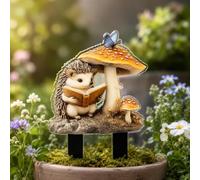 2D Flat Acrylic Hedgehog Garden Stake, Cute Reading Hedgehog Mushroom Butterfly Yard Decor, Weather Resistant Outdoor Planter Pot Ornament for Fairy Terrarium Lawn Nature Lover Gift