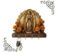 2D Flat Communion Farmhouse Virgin Mary Wall Art with 4 Metal Hooks for Entryway, Our Lady of Guadalupe Sacred Wall Key Holder, Golden Elegant Keychain Holders (1PC)