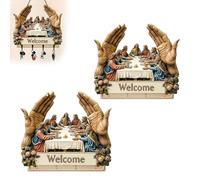 2D Flat Jesus and Disciples Wall Art Key Holder, Wooden Wall Hanging with 4 Hooks - Rustic Wooden Key Rack Organizer, Farmhouse Religious Welcome Sign, Christian Gifts for Home Decor (2pcs)