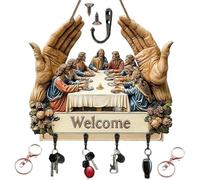 2D Flat Jesus and Disciples Wall Art Keychain Holder - Rustic Wooden Key Rack with 4 Metal Hooks, Farmhouse Religious Wall Decor for Entryway or Hallway, Christian Gift for Family & Friends