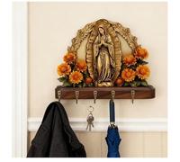 2D Flat Virgin Mary Sacred Wall Key Holder,Communion Farmhouse Virgin Mary Wall Art with 4 Metal Hooks for Entryway, Rustic Mount House Warming Decor for Family and Friends