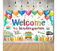 2D"Welcome to Kindergarten" Background Banner - A vibrant school-themed party decoration featuring balloons stars and educatio