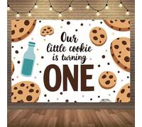 2D1st Birthday Background Banner - Design of "Our Little Cookie is Almost One Year Old" with colorful cookies and milk cartons