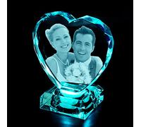 2D3D personalized crystal photo heart with light base custom engraved crystal photo cube 3D picture in glass gifts for wife mom girlfriend grandmother women her (Large Heart)