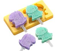 2er Pack Cartoon Popsicle Molds, Food-Grade Silicone Ice Pop Cream Molds, with Reusable Sticks, Non-Stick Flat Design, Easy Release, Stackable for Space Saving (yellow, Dinosaur shape)