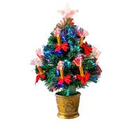 2Ft/60cm Fibre Optic Christmas Tree with Star Topper - LED Lights Candle & Bow Decorations - Pre-Lit Green Artificial Xmas Tree - Multicolor Changing Lights