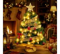 2FT/60CM Mini Christmas Trees, Artificial Tabletop Christmas Tree (Green) | Small Christmas Trees, Table Top Trees with Star Topper, Balls, Snow Flower for Home, Office, Bar Christmas Decorations