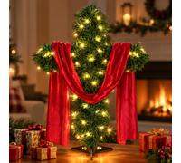 2Ft Artificial Christmas Cross Tree with String Lights Red Silk Scarf Christmas Easter Table Decorations Jesus Christ Catholic Cross Centerpieces for Xmas He is Risen Indoor Outdoor Home Table Decor