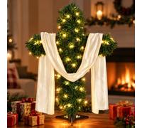 2Ft Artificial Christmas Cross Tree with String Lights White Silk Scarf Christmas Easter Table Decorations Jesus Christ Catholic Cross Centerpieces for Xmas He is Risen Indoor Outdoor Home Table Decor