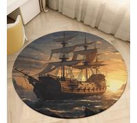 2ft Coral Velvet Round Rug Machine Washable Non Slip TPR Backing Fantasy Pirate Ship Area Rug Pet Friendly Doormat Low Pile Soft Plush Bedroom Carpet for Living Room Kitchen Entryway Dorm Indoor