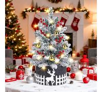 2FT Flocked Christmas Tree with Lights, DIY Table Top Christmas Tree with Skirt Star Topper Ornaments, Mini Snowy Xmas Tree for Home Office Desk Decor, Indoor Small Christmas Trees Decorating Gift