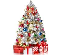 2FT Mini Christmas Tree, Snow Flocked Artificial Christmas Tree, 100 Lifelike Branches, 60 LED Lights, 58 Ornaments, 24 Inches Tabletop Prelit Small Christmas Tree for Holiday Indoor DIY Decor