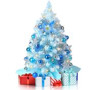 2FT Snow Flocked Christmas Tree, Blue Mini Christmas Tree, Artificial Tabletop Christmas Trees with 60 LED Lights,100 Branch Tips, 47 Ornaments, Small Prelit Xmas Tree for Home Party