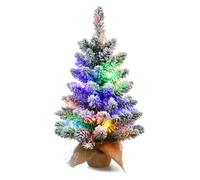 2ft Tabletop Mini Christmas Tree, Pre-lit Artificial Little Christmas Tree with 4 Colors Lights, Small Christmas Tree White Pine Cone Ornaments Burlap Base for Christmas Home Indoor Decorations