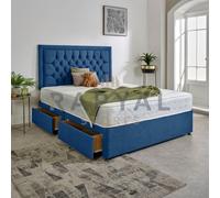 (2ft6, No Drawers, Blue) Luxury Plush Velvet Divan Bed With Chesterfield Bumper Headboard