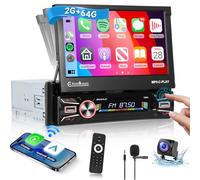 2G+64G Single Din Android Car Stereo Wireless Carplay Android Auto, Hodozzy 7" Motorized Flip Out IPS Touch Screen Single Din Car Radio with GPS/Wifi Bluetooth/EQ SWC AHD Camera+USB/TF Card/Aux Ports