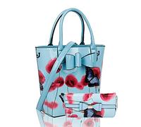 2IN1 Eye-Cathing Glossy Patent Leather Floral & Butterly Print Large Tote Hobo Handbag Shopper Shoulder Bag For Women With Matching Purse (Navy)
