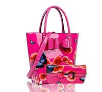 2IN1 Eye-Cathing Glossy Patent Leather Floral & Butterly Print Large Tote Hobo Handbag Shopper Shoulder Bag For Women With Matching Purse (Orchid)