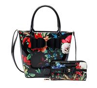 2IN1 Large Bow Womens Gem Floral Garden Print Large Tote Handbag Shoulder Bag With Matching Lovely Purse (Black +Purse)