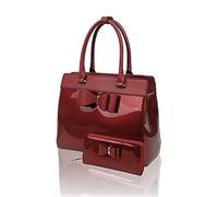 2IN1 Women Glossy Patent Vegan Leather Large Shoulder Tote Handbag Tote Bag With Small Wallet Purse With Large Front Bow (Burgundy)
