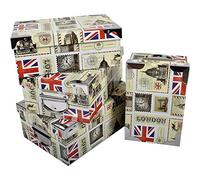 2J London,Set Of 3 Printed Cardboard Storage Boxes Decor UK, England, London With Metal Angles And Handles. Sizes: W 42x30x16 cm - M 40x20.5x15 cm - S 38x26.5x14 cm