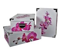 2J Set Of 3 Original Orchid Printed Cardboard Storage Boxes With Metal Angles And Handles. Very Beautiful Large Decorated Modern Design Box Sizes: 38x26.5x14, 40x28.5x15, 42x30x16 Cm