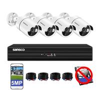 2K Color Night Vision, Audio Recording, SANSCO CCTV Security Camera System, 8 Channel DVR, 4x 5MP Wired Outdoor Surveillance Camera, Human/Face/Vehicle Detection, Email/App Alert, P2P, NO Hard Drive