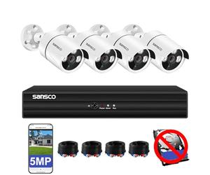 2K Color Night Vision, Audio Recording, SANSCO CCTV Security Camera System, 8 Channel DVR, 4x 5MP Wired Outdoor Surveillance Camera, Human/Face/Vehicle Detection, Email/App Alert, P2P, NO Hard Drive