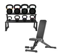 2kg-40kg Cast Iron Kettlebell 8 Pcs Set with Adjustable Workout Bench & Heavy Duty Power Rack Stand for Home Gym Fitness & Full Body Strength Training