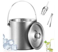 2L Double Walled Stainless Steel Insulated Ice Bucket with Lid and Tong Scoop, Round Ice Bucket Wine Bucket for Home Parties, Clubs, BBQs and Picnics