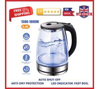 2L Electric Kettle 1800W Glass Fast Boil Blue LED Auto-Off Stainless Steel UK