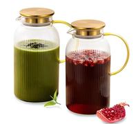 2L Glass Water Jug with Lid, 2 Pack Borosilicate Glass Pitcher for Fridge, Hot and Cold Water Pitcher for Sangria, Cocktail, Juice, Cold Brew Coffee & Iced Tea, Drip-Free Spout, Golden Handle