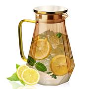 2L Glass Water Jug with Lid & Handle, 67.6oz Borosilicate Pitcher, Diamond-Textured Heat Resistant Carafe, Non-Drip Spout for Juice, Milk, Tea, Coffee, Hot & Cold Beverages, Fridge Safe(Amber)