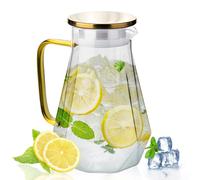2L Glass Water Jug with Lid & Handle, Diamond-Textured Water Pitcher with Gold Stainless Steel Lid, Non-Drip Spout, Heat Resistant & Fridge Safe for Juice, Tea, Milk, Hot & Cold Drinks
