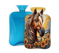 2L Hot Water Bottle with Cover, Animal Horse Sunflowers Large Capacity Hot Water Bag for Hot Cold Compress, Hand Feet Warmer, Neck Shoulder Pain Relief