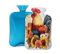 2L Hot Water Bottle with Cover, Beautiful Rooster Sunflowers Floral Large Capacity Hot Water Bag for Hot Cold Compress, Hand Feet Warmer, Neck Shoulder Pain Relief