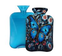 2L Hot Water Bottle with Cover, Blue Butterfly Flowers Animal Large Capacity Hot Water Bag for Hot Cold Compress, Hand Feet Warmer, Neck Shoulder Pain Relief