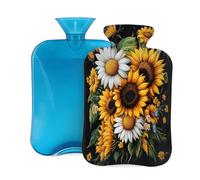 2L Hot Water Bottle with Cover, Bouquet Sunflowers Daisies Butterflies Large Capacity Hot Water Bag for Hot Cold Compress, Hand Feet Warmer, Neck Shoulder Pain Relief