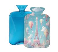 2L Hot Water Bottle with Cover, Colored Hot Air Balloons Eiffel Tower Large Capacity Hot Water Bag for Hot Cold Compress, Hand Feet Warmer, Neck Shoulder Pain Relief