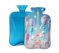 2L Hot Water Bottle with Cover, Colorful Eiffel Tower Hot Air Ballon Large Capacity Hot Water Bag for Hot Cold Compress, Hand Feet Warmer, Neck Shoulder Pain Relief
