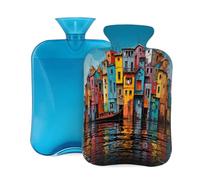 2L Hot Water Bottle with Cover, Colorful Houses Buildings Large Capacity Hot Water Bag for Hot Cold Compress, Hand Feet Warmer, Neck Shoulder Pain Relief