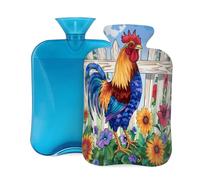 2L Hot Water Bottle with Cover, Colorful Rooster Garden Floral Large Capacity Hot Water Bag for Hot Cold Compress, Hand Feet Warmer, Neck Shoulder Pain Relief
