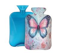 2L Hot Water Bottle with Cover, Cute Pink Blue Butterfly Flowers Large Capacity Hot Water Bag for Hot Cold Compress, Hand Feet Warmer, Neck Shoulder Pain Relief