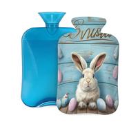 2L Hot Water Bottle with Cover, Easter Rabbit Blue Wooden Board Large Capacity Hot Water Bag for Hot Cold Compress, Hand Feet Warmer, Neck Shoulder Pain Relief