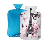 2L Hot Water Bottle with Cover, Eiffel Tower Pink Black Butterflies Large Capacity Hot Water Bag for Hot Cold Compress, Hand Feet Warmer, Neck Shoulder Pain Relief
