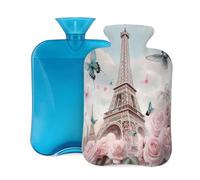 2L Hot Water Bottle with Cover, Eiffel Tower Pink Roses Butterflies Large Capacity Hot Water Bag for Hot Cold Compress, Hand Feet Warmer, Neck Shoulder Pain Relief