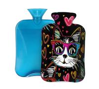 2L Hot Water Bottle with Cover, Hand-Painted Abstract Cat Large Capacity Hot Water Bag for Hot Cold Compress, Hand Feet Warmer, Neck Shoulder Pain Relief