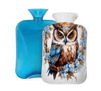 2L Hot Water Bottle with Cover, Owl Blue Flowers Large Capacity Hot Water Bag for Hot Cold Compress, Hand Feet Warmer, Neck Shoulder Pain Relief
