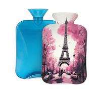 2L Hot Water Bottle with Cover, Pink Tree Eiffel Tower Paris Large Capacity Hot Water Bag for Hot Cold Compress, Hand Feet Warmer, Neck Shoulder Pain Relief